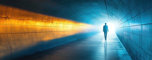 A figure halfway through a tunnel, the light ahead growing brighter, representing the journey from uncertainty towards hope and clarity