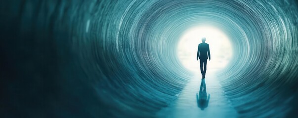 A figure halfway through a tunnel, the light ahead growing brighter, representing the journey from uncertainty towards hope and clarity