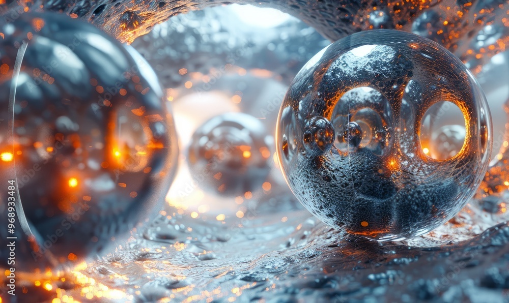 Poster a series of shiny, reflective spheres are floating in a dark, mysterious space