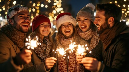 Friends celebrating with sparklers during the winter holiday.