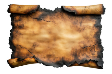 Old burnt open parchment scroll, frayed and worn at the edges, flatlay isolated against a transparent background