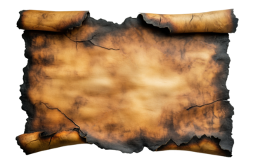 Old burnt open parchment scroll, frayed and worn at the edges, flatlay isolated against a transparent background