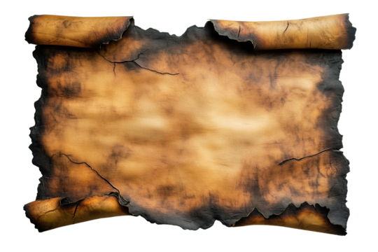 Old burnt open parchment scroll, frayed and worn at the edges, flatlay isolated against a transparent background - Powered by Adobe