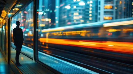 A lone traveler s reflection in a train window, with the blurred lights of a city passing by, symbolizing a journey through life s transitions