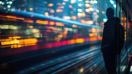 A lone traveler s reflection in a train window, with the blurred lights of a city passing by, symbolizing a journey through life s transitions