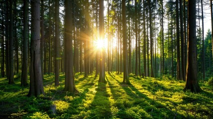 Fototapeta premium Sunlit Forest Glade, a vibrant woodland scene filled with towering trees, golden rays filtering through lush green leaves, creating a serene and enchanting atmosphere.