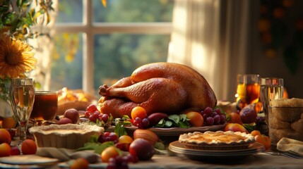 Thanksgiving feast with family, turkey and pies on table, November 28
