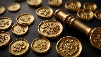 Golden coins with intricate engraved symbols, representing wealth, luxury, and history, suitable for financial themes, design projects, branding, or concepts related to currency and treasure.