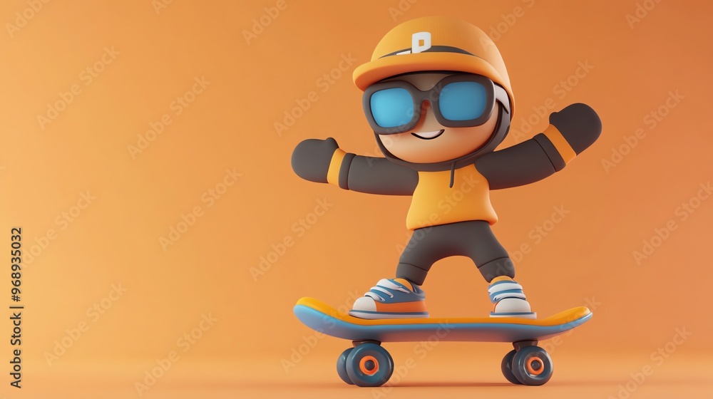 Poster Smiling cartoon character skateboarding in winter clothing.