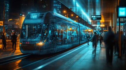 Obraz premium AI-enhanced smart public transportation hubs optimizing commuter flow and reducing congestion: AI analyzing crowd patterns and adjusting transport schedules dynamically.