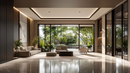 Modern Living Room Interior Design with Large Windows, Pool, And Tropical View. High-End Design.