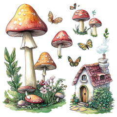 Whimsical illustration of a fairy tale scene with mushrooms, butterflies, and a small house in a garden setting. Ideal for fantasy themes.