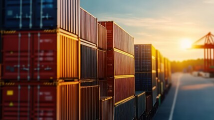 Fototapeta premium Sunset silhouettes shipping containers: Capturing the serene end of a day in global trade logistics.