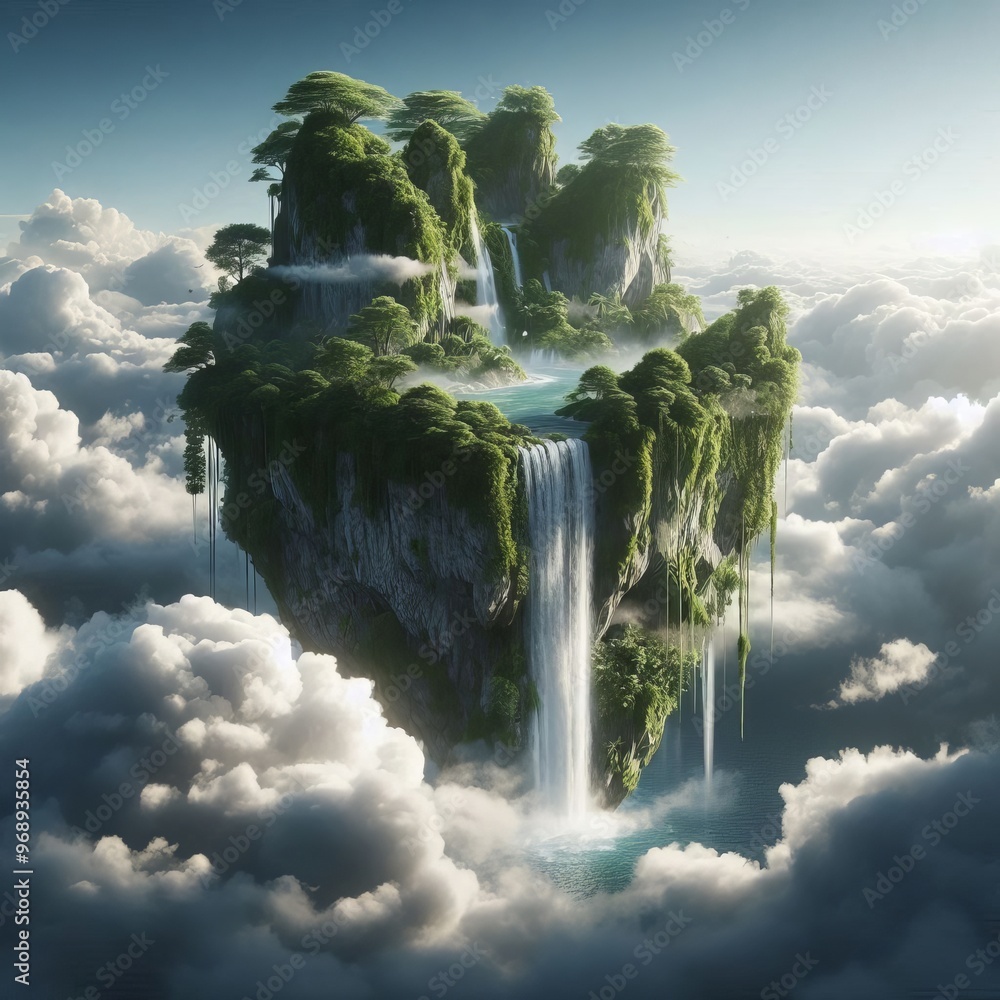 Poster a captivating scene of a floating island suspended in a cloudy sky, adorned with lush greenery and c