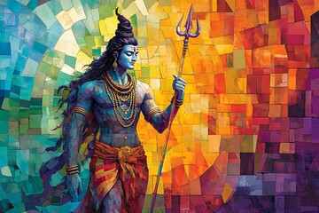 Abstract Mosaic Illustration of Hindu Deity Shiva with Trishul.