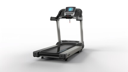 Naklejka premium A sleek, modern treadmill with visible control panel on a clean white background.