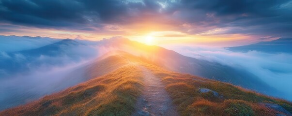Obraz premium Dawn breaking over a misty mountain trail, ethereal light guiding the way forward, representing a hopeful journey