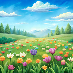 Vibrant Field of Flowers Under Blue Sky, Spring Landscape