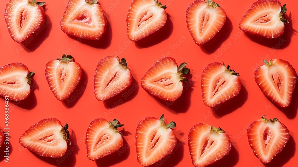 Sticker A flat lay of strawberry halves arranged in rows on a red background.