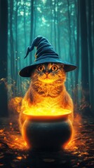 Enchanted Witch Cat in Hat by Glowing Cauldron in Spooky Forest