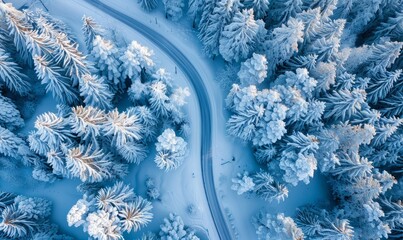 Aerial view of a winding road through snow covered trees, Gaisberg, Salzburg, Austria