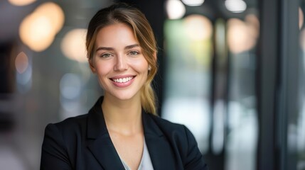 Obraz premium A professional woman smiling confidently in a modern office setting.