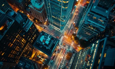 Aerial view of office buildings and traffic in downtown at night