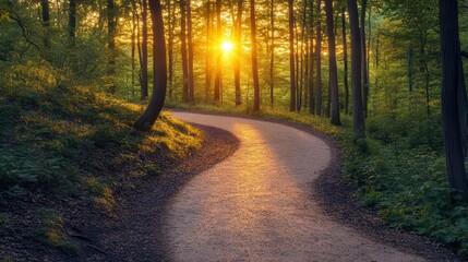 Obraz premium Serene sunrise over a winding forest path, warm light filtering through trees, symbolizing hope and new beginnings