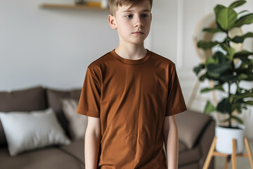 Fototapeta premium A young Caucasian boy stands thoughtfully in a cozy living room, dressed in a brown t-shirt, surrounded by modern decor and green plants.