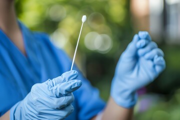 Healthcare worker in blue gloves holding a cotton swab for medical testing, outdoors with green foliage in the background.