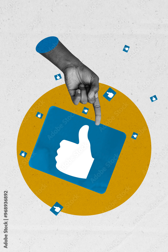 Poster collage poster image of blogger arm showing sign thumb up popularity symbol isolated on drawing back