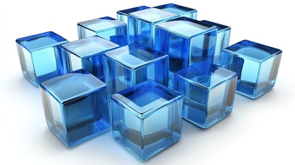 Obraz premium A cluster of blue glass cubes on a white background.