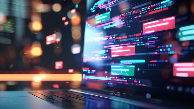 Close-up of a laptop screen displaying colorful coding on a dark background, representing modern programming and technology.