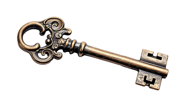 Old antique skeleton key isolated on transparent or white background