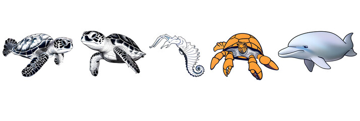 Sea animals - cute Crab, Dolphin, Turtle, Seahorse and Fish, simple thick lines kids or children cartoon coloring book pages. Clean drawing can be vectorized to illustration. 