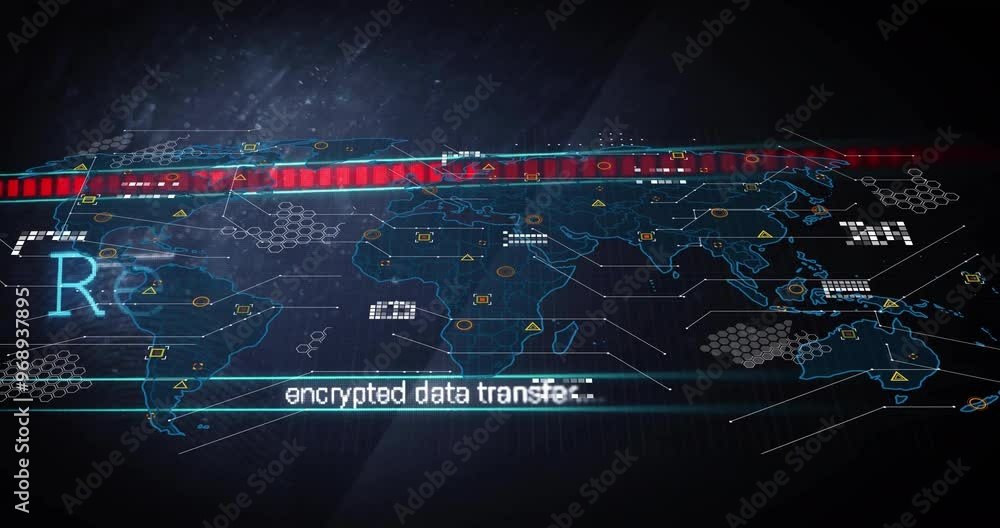 Poster animation of data processing over world map on black background