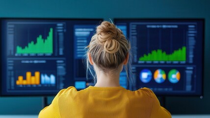 Diverse team analyzing data on large screens, modern office setting, competitive advantage and strategic focus