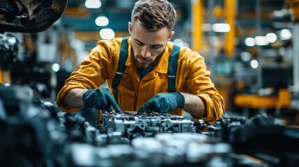 A man in a yellow shirt is working on a car engine