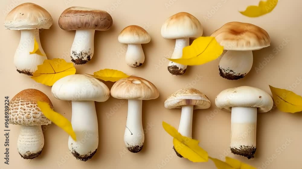 Poster a collection of mushrooms of various sizes and shapes. the mushrooms are arranged in a row on a tabl