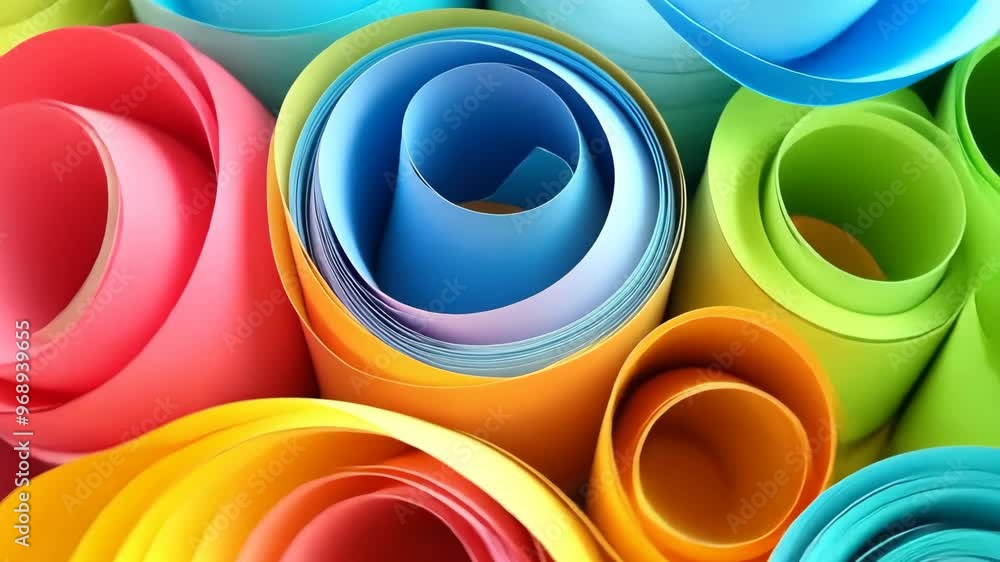 Poster a bunch of colorful paper rolls are arranged in a circle. the colors are vibrant and the rolls are o