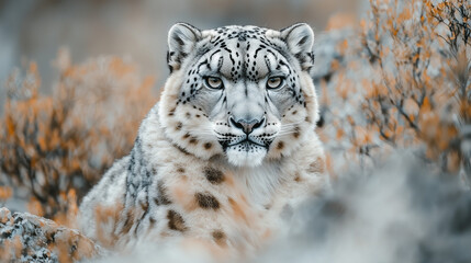 Obraz premium A stunning snow leopard camouflaged against the rocky mountain terrain