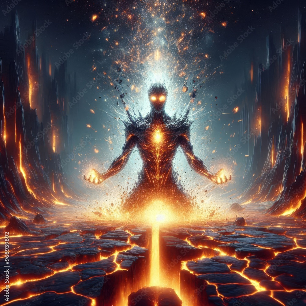 Poster a powerful fiery entity rises from the cracked, volcanic ground in this intense digital artwork. the