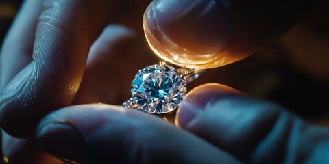 A large diamond ring held by gloved hands.