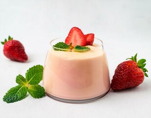 Overhead shot of strawberry mini cake tartlet with vanilla custard and mint leaves sprinkled.  ai generated