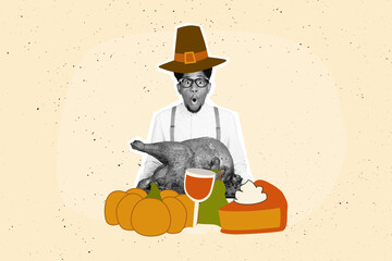 Composite photo collage of shocked american guy hold roasted turkey dish pumpkin pie slice...