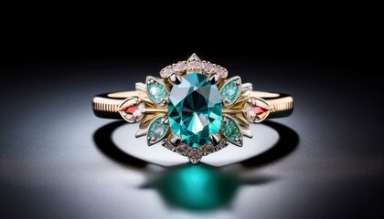 Gold ring with blue and white gem. ai generated