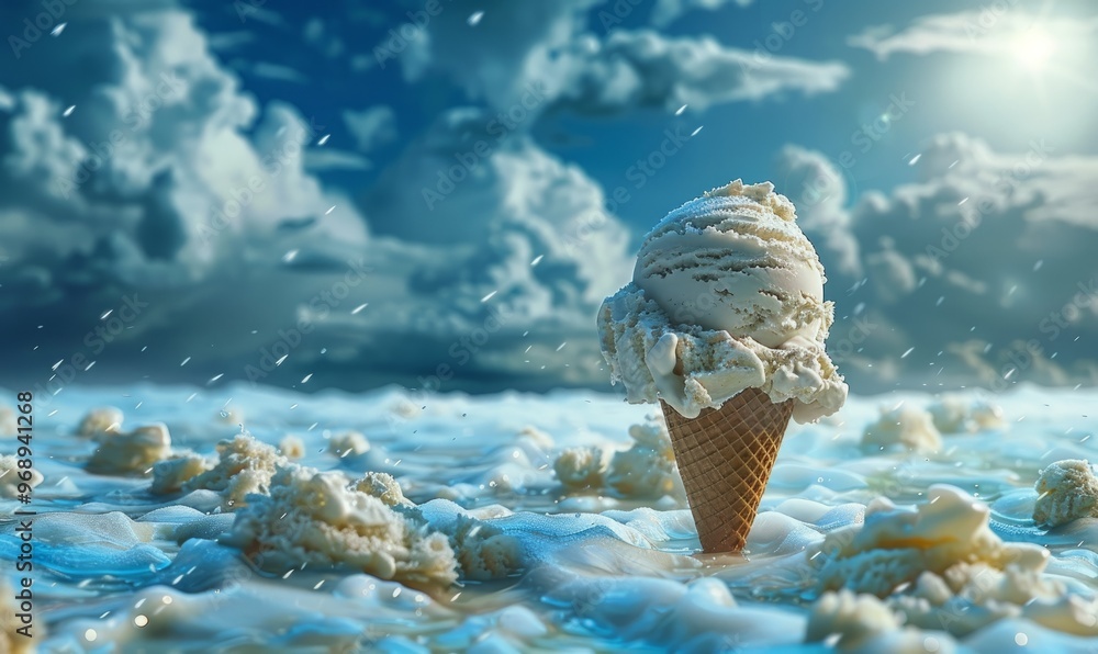 Poster visualize a surreal ice cream image with the earth