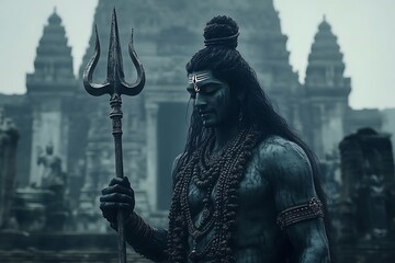Obraz premium Shiva, the Destroyer, with his trident in a temple setting.