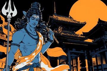 Obraz premium Shiva, the Destroyer, Stands Before a Japanese Temple at Sunset.