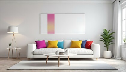 Photo modern style interior room 3d illustration Interior,Kitchen,Washrooms frame living room with colorful white sofa,led with blank frame